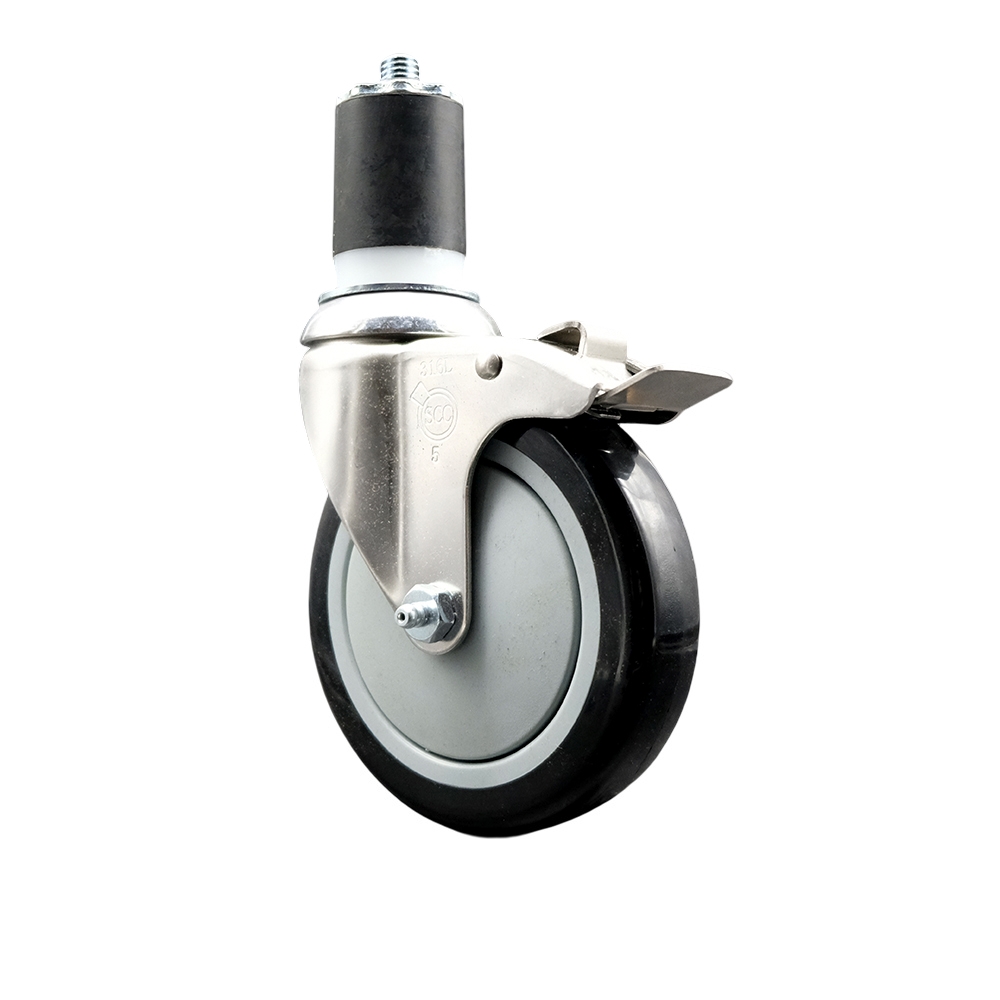 Polyurethane Swivel Stem Caster with 5 Inch Black Caster Wheel and Total Lock Brake - 1-3/4" Expanding Stem - 316 Stainless Steel Caster - 350 lbs. Capacity Per Caster - Service Caster Brand — photo 1