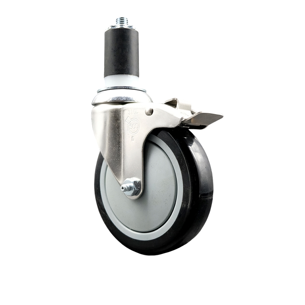 Polyurethane Swivel Stem Caster with 5 Inch Black Caster Wheel and Total Lock Brake - 1-5/8" Expanding Stem - 316 Stainless Steel Caster - 350 lbs. Capacity Per Caster - Service Caster Brand — photo 1