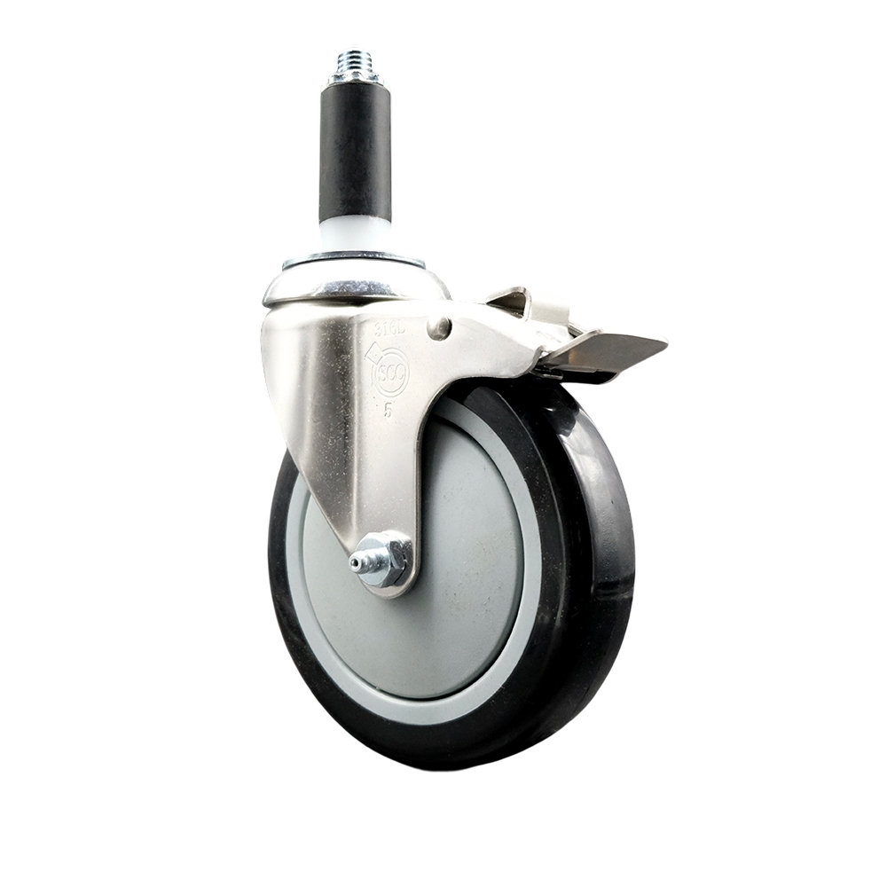 Polyurethane Swivel Stem Caster with 5 Inch Black Caster Wheel and Total Lock Brake - 1" Expanding Stem - 316 Stainless Steel Caster - 350 lbs. Capacity Per Caster - Service Caster Brand — photo 1