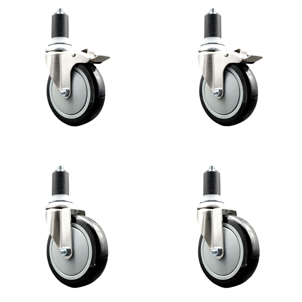 Polyurethane Swivel Stem Caster Set of 4 with 5 Inch Black Caster Wheels - 1-1/2" Expanding Stem -316 Stainless Steel Casters-Includes 2 Swivel with Total Lock Brakes and 2 Swivel-Service Caster Brand — photo 1