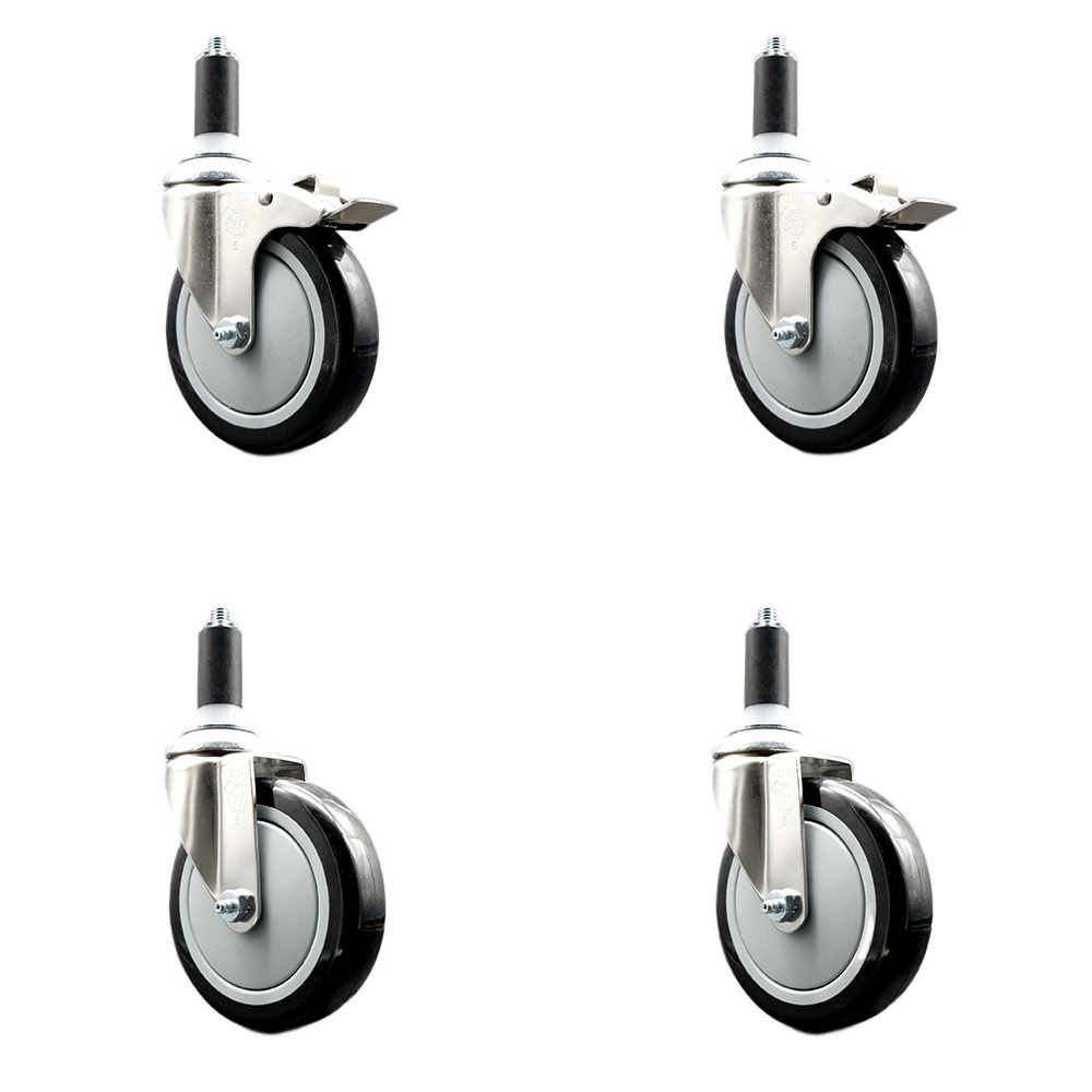 Polyurethane Swivel Stem Caster Set of 4 with 5 Inch Black Caster Wheels - 1-1/4" Expanding Stem -316 Stainless Steel Casters-Includes 2 Swivel with Total Lock Brakes and 2 Swivel-Service Caster Brand — photo 1