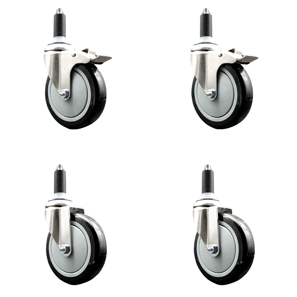 Polyurethane Swivel Stem Caster Set of 4 with 5 Inch Black Caster Wheels - 1-1/8" Expanding Stem -316 Stainless Steel Casters-Includes 2 Swivel with Total Lock Brakes and 2 Swivel-Service Caster Brand — photo 1