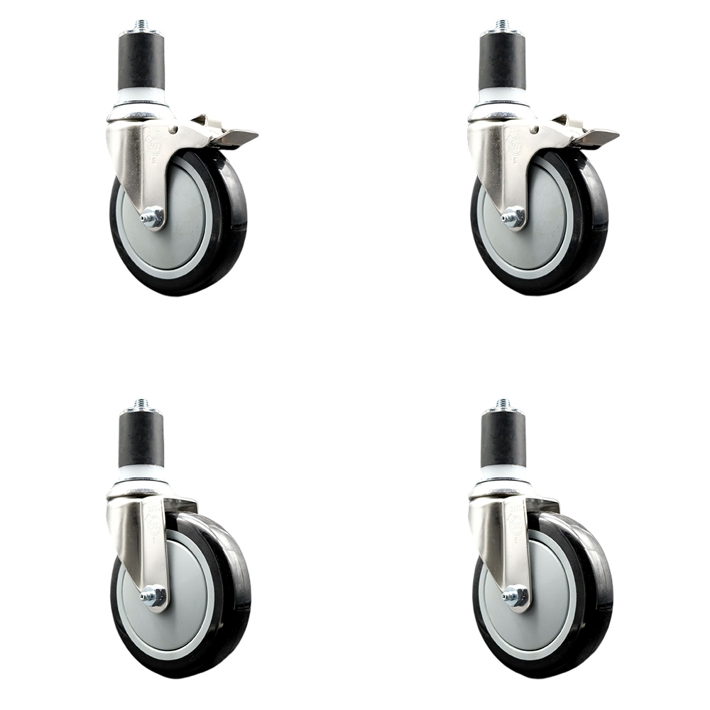 Polyurethane Swivel Stem Caster Set of 4 with 5 Inch Black Caster Wheels - 1-3/4" Expanding Stem -316 Stainless Steel Casters-Includes 2 Swivel with Total Lock Brakes and 2 Swivel-Service Caster Brand — photo 1