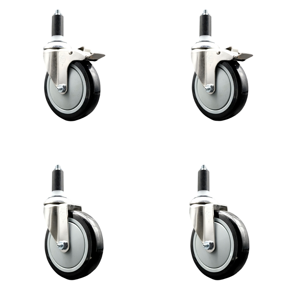 Polyurethane Swivel Stem Caster Set of 4 with 5 Inch Black Caster Wheels - 1-3/8" Expanding Stem -316 Stainless Steel Casters-Includes 2 Swivel with Total Lock Brakes and 2 Swivel-Service Caster Brand — photo 1
