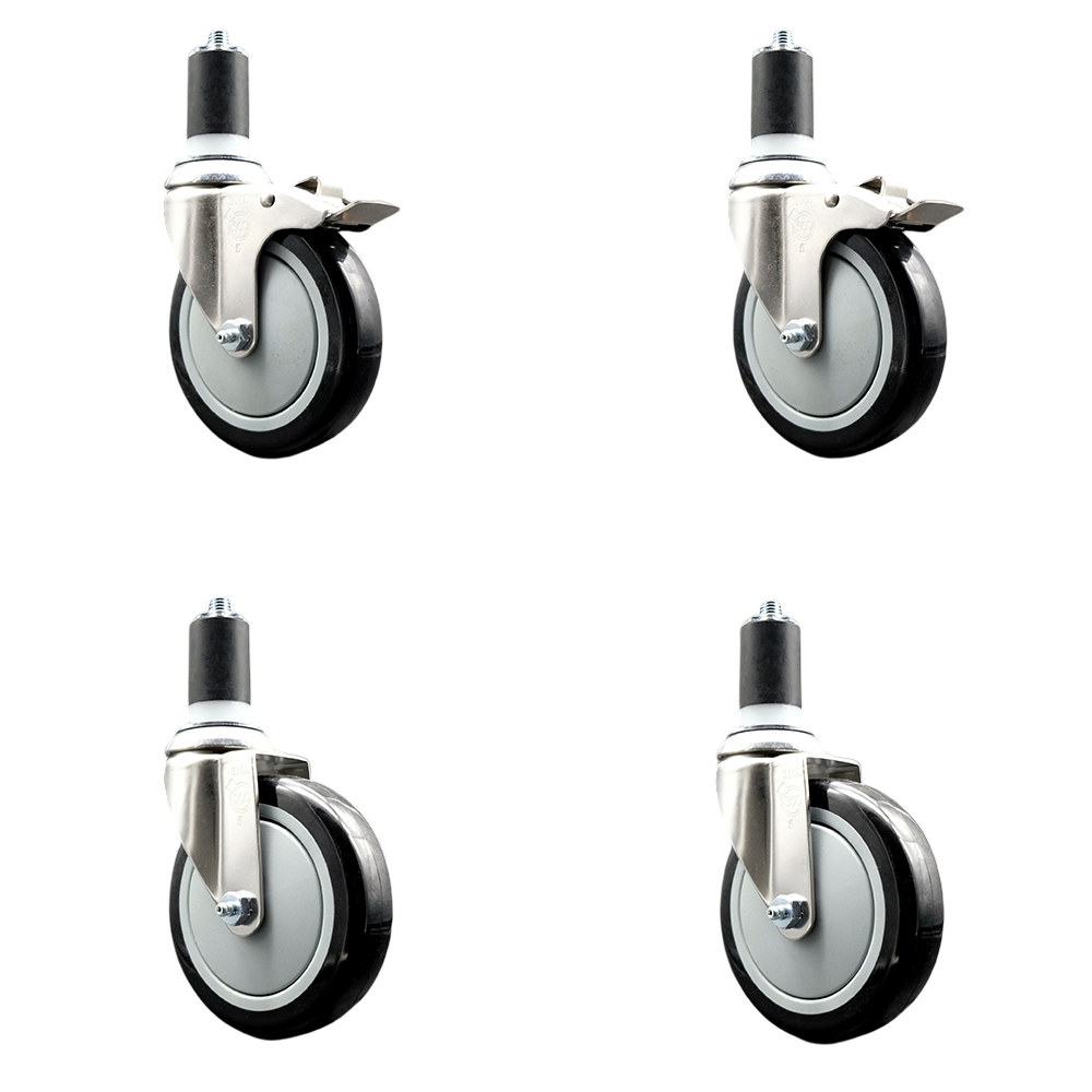Polyurethane Swivel Stem Caster Set of 4 with 5 Inch Black Caster Wheels - 1-5/8" Expanding Stem -316 Stainless Steel Casters-Includes 2 Swivel with Total Lock Brakes and 2 Swivel-Service Caster Brand — photo 1