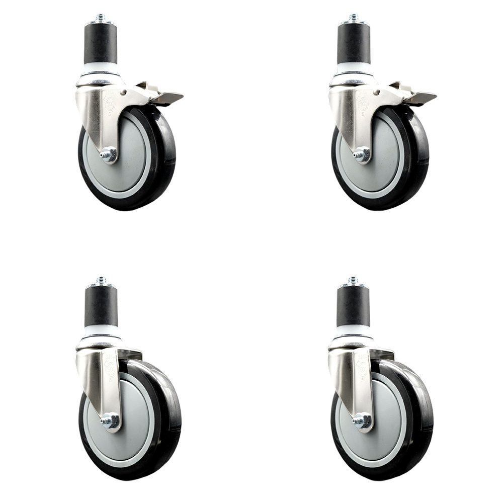 Polyurethane Swivel Stem Caster Set of 4 with 5 Inch Black Caster Wheels - 1-7/8" Expanding Stem -316 Stainless Steel Casters-Includes 2 Swivel with Total Lock Brakes and 2 Swivel-Service Caster Brand — photo 1