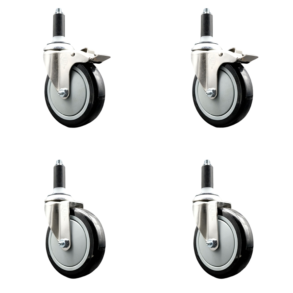 Polyurethane Swivel Stem Caster Set of 4 with 5 Inch Black Caster Wheels - 1" Expanding Stem -316 Stainless Steel Casters - Includes 2 Swivel with Total Lock Brakes and 2 Swivel - Service Caster Brand — photo 1