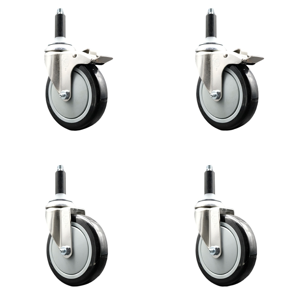 Polyurethane Swivel Stem Caster Set of 4 with 5 Inch Black Caster Wheels - 3/4" Expanding Stem -316 Stainless Steel Casters - Includes 2 Swivel with Total Lock Brakes and 2 Swivel-Service Caster Brand — photo 1