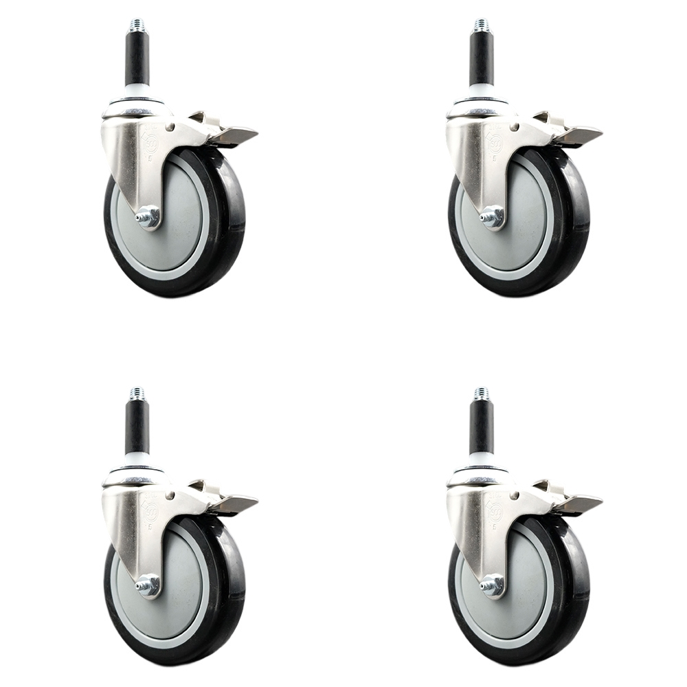 Polyurethane Swivel Stem Caster Set of 4 with 5 Inch Black Caster Wheels - 3/4" Expanding Stems - 316 Stainless Steel Casters - Includes 4 Swivel Casters with Total Lock Brakes - Service Caster Brand — photo 1