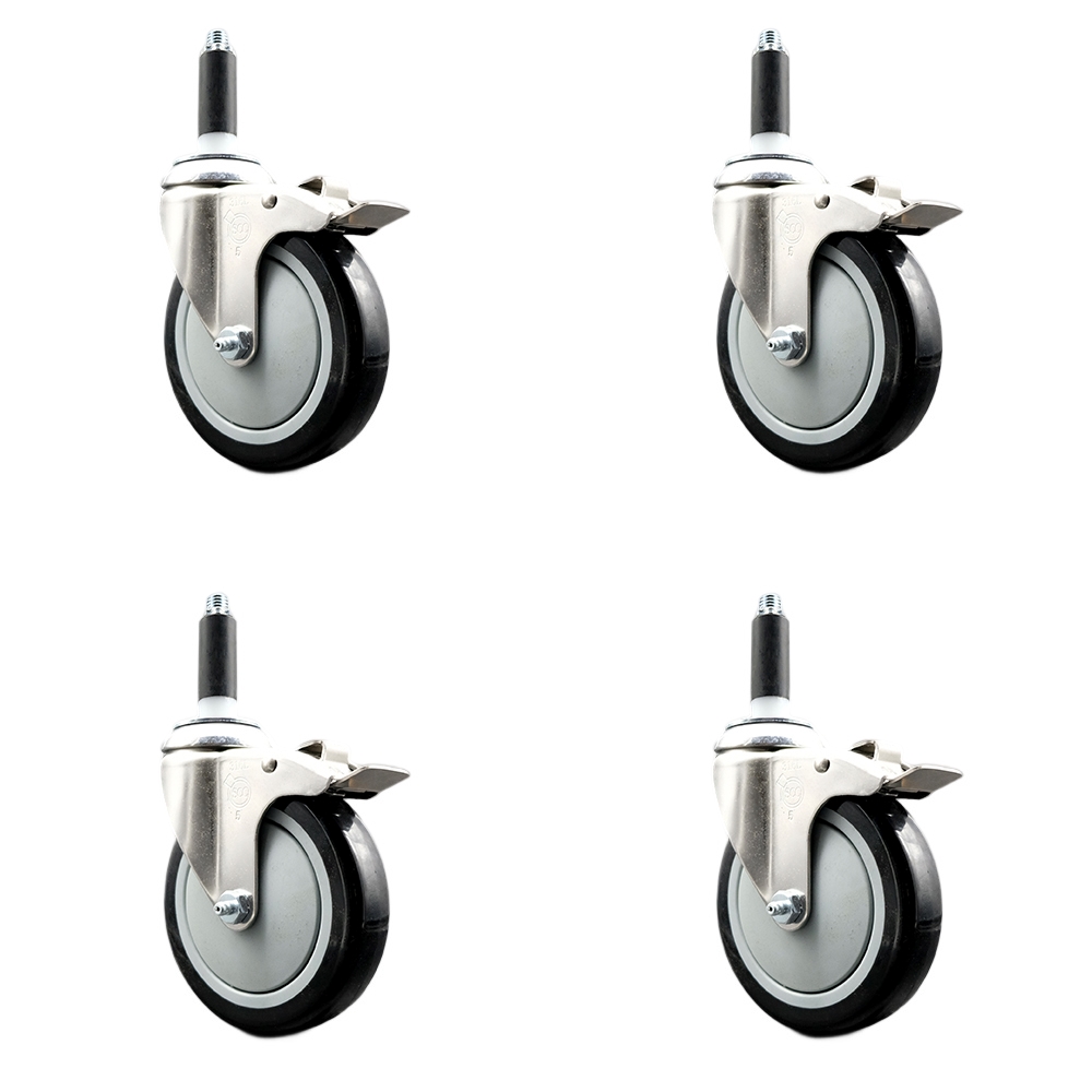 Polyurethane Swivel Stem Caster Set of 4 with 5 Inch Black Caster Wheels - 7/8" Expanding Stems - 316 Stainless Steel Casters - Includes 4 Swivel Casters with Total Lock Brakes - Service Caster Brand — photo 1