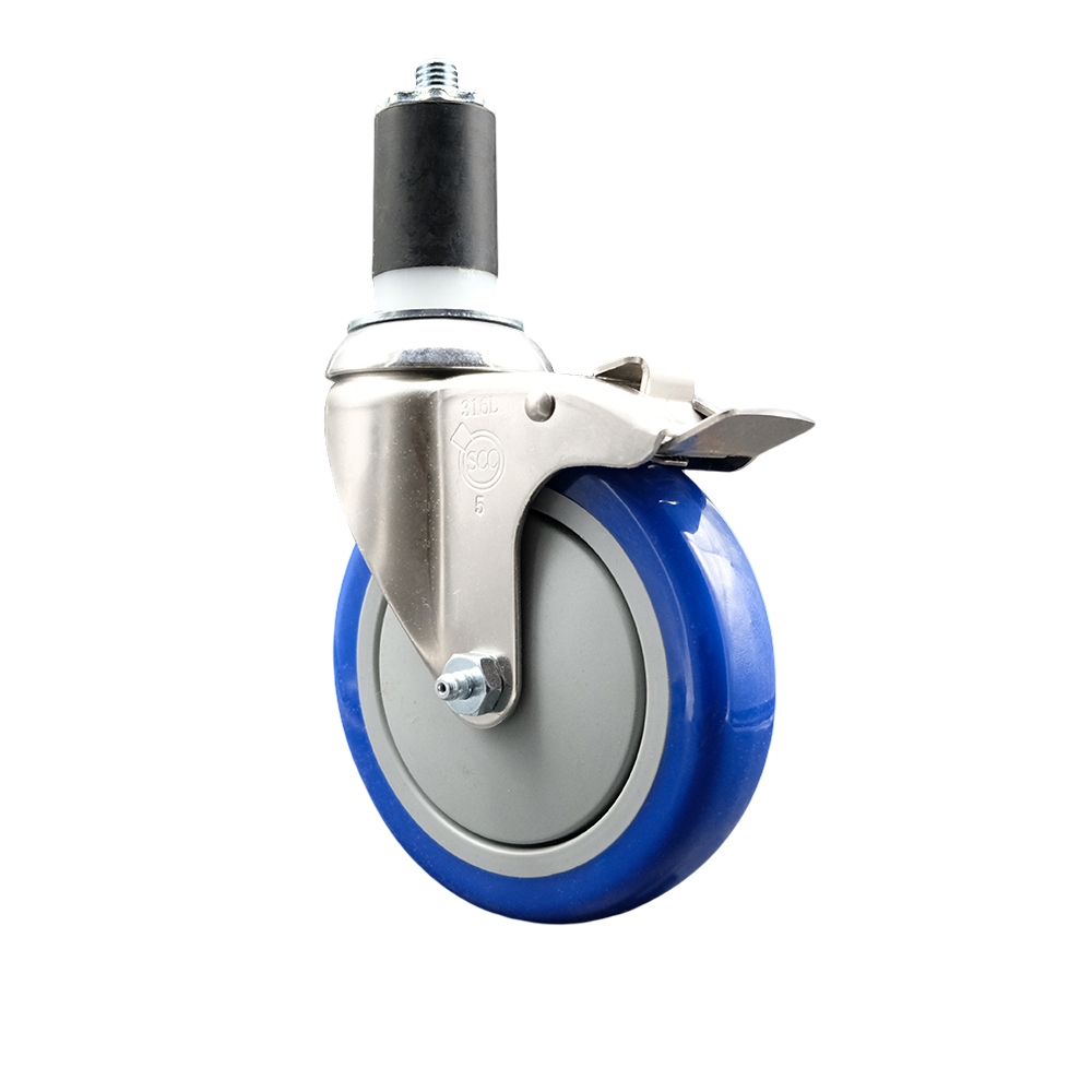 Polyurethane Swivel Stem Caster with 5 Inch Blue Caster Wheel and Total Lock Brake - 1-1/2" Expanding Stem - 316 Stainless Steel Caster - 350 lbs. Capacity Per Caster - Service Caster Brand — photo 1