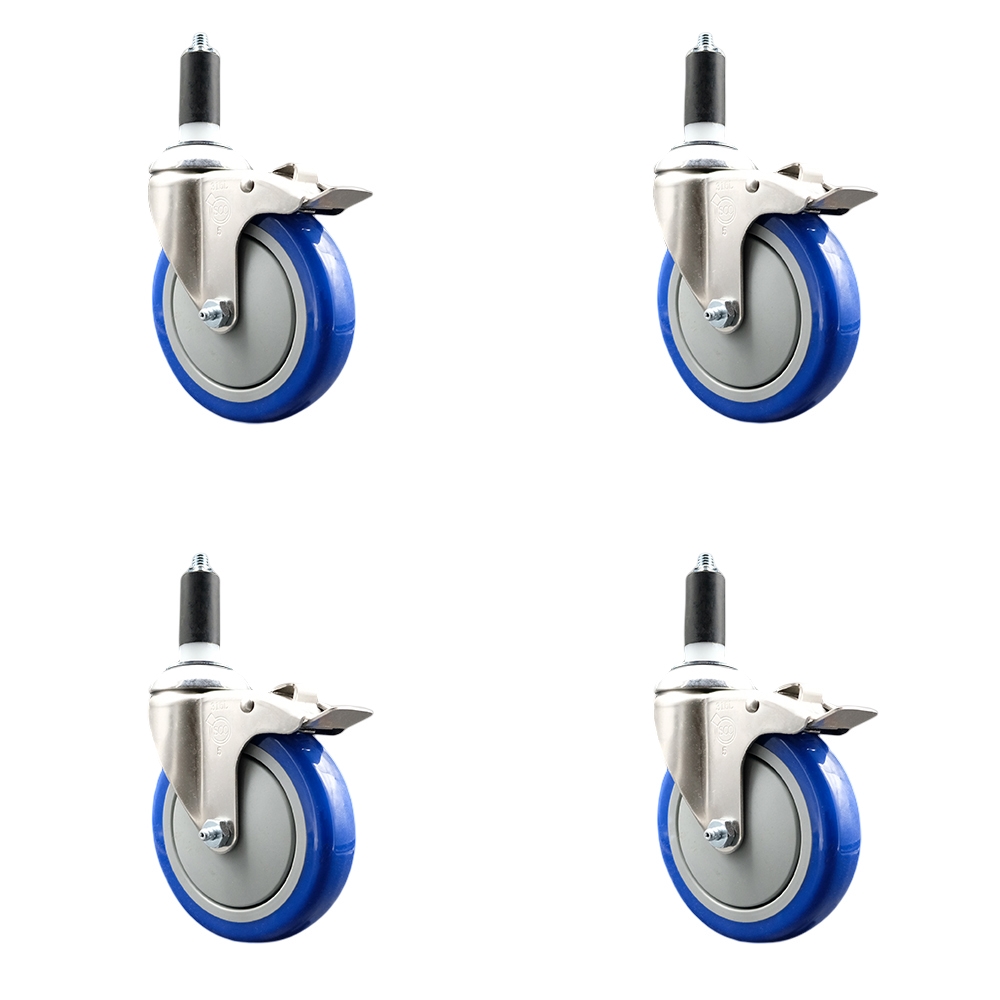 Polyurethane Swivel Stem Caster Set of 4 with 5 Inch Blue Caster Wheels - 1-1/4" Expanding Stems - 316 Stainless Steel Casters - Includes 4 Swivel Casters with Total Lock Brakes- Service Caster Brand — photo 1