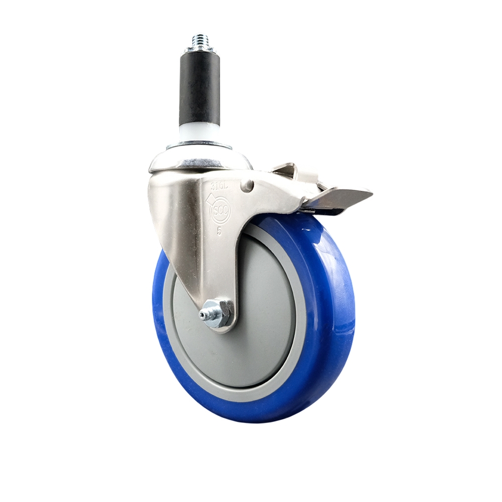 Polyurethane Swivel Stem Caster with 5 Inch Blue Caster Wheel and Total Lock Brake - 1-1/4" Expanding Stem - 316 Stainless Steel Caster - 350 lbs. Capacity Per Caster - Service Caster Brand — photo 1