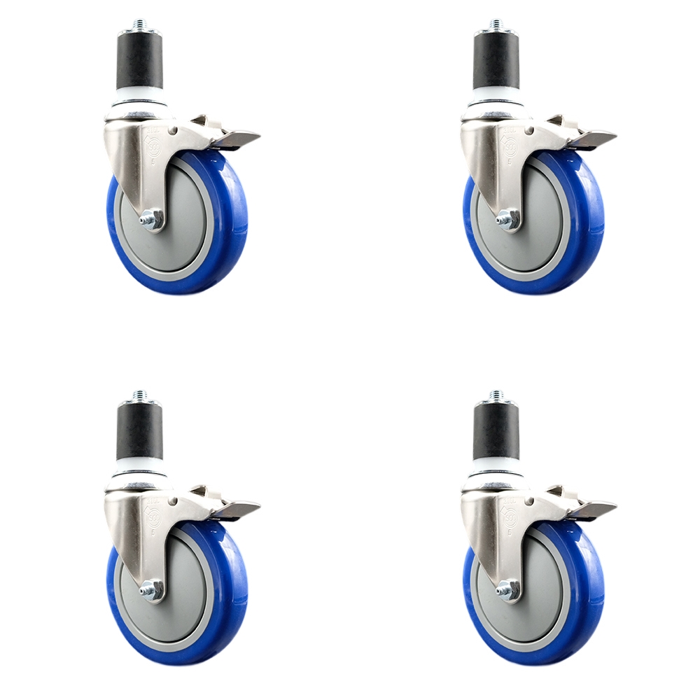 Polyurethane Swivel Stem Caster Set of 4 with 5 Inch Blue Caster Wheels - 1-3/4" Expanding Stems - 316 Stainless Steel Casters - Includes 4 Swivel Casters with Total Lock Brakes- Service Caster Brand — photo 1