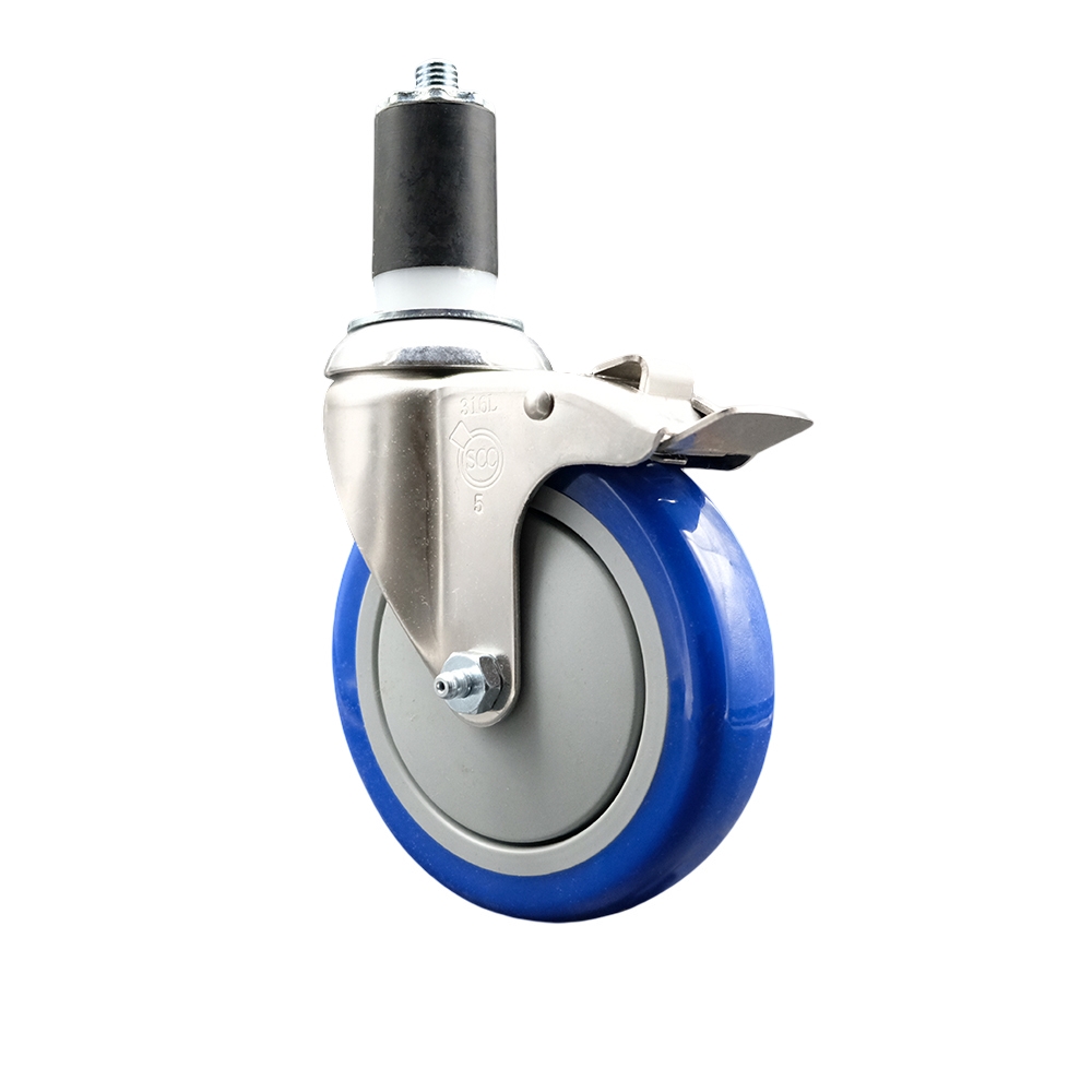 Polyurethane Swivel Stem Caster with 5 Inch Blue Caster Wheel and Total Lock Brake - 1-5/8" Expanding Stem - 316 Stainless Steel Caster - 350 lbs. Capacity Per Caster - Service Caster Brand — photo 1