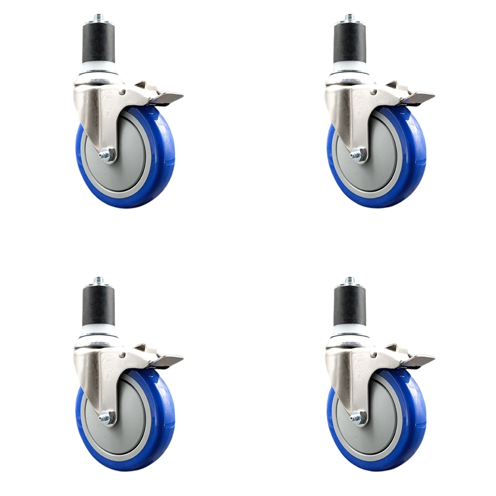 Polyurethane Swivel Stem Caster Set of 4 with 5 Inch Blue Caster Wheels - 1-7/8" Expanding Stems - 316 Stainless Steel Casters - Includes 4 Swivel Casters with Total Lock Brakes- Service Caster Brand — photo 1