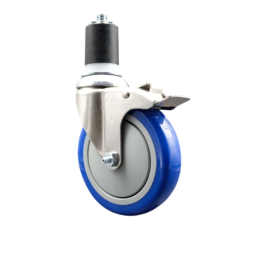 Polyurethane Swivel Stem Caster with 5 Inch Blue Caster Wheel and Total Lock Brake - 1-7/8" Expanding Stem - 316 Stainless Steel Caster - 350 lbs. Capacity Per Caster - Service Caster Brand — photo 1