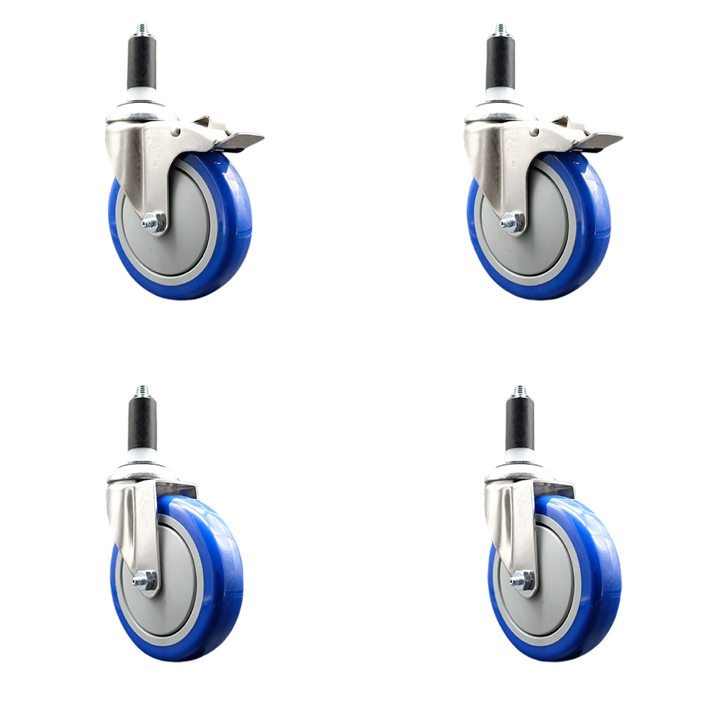 Polyurethane Swivel Stem Caster Set of 4 with 5 Inch Blue Caster Wheels - 1-1/4" Expanding Stem -316 Stainless Steel Casters-Includes 2 Swivel with Total Lock Brakes and 2 Swivel-Service Caster Brand — photo 1