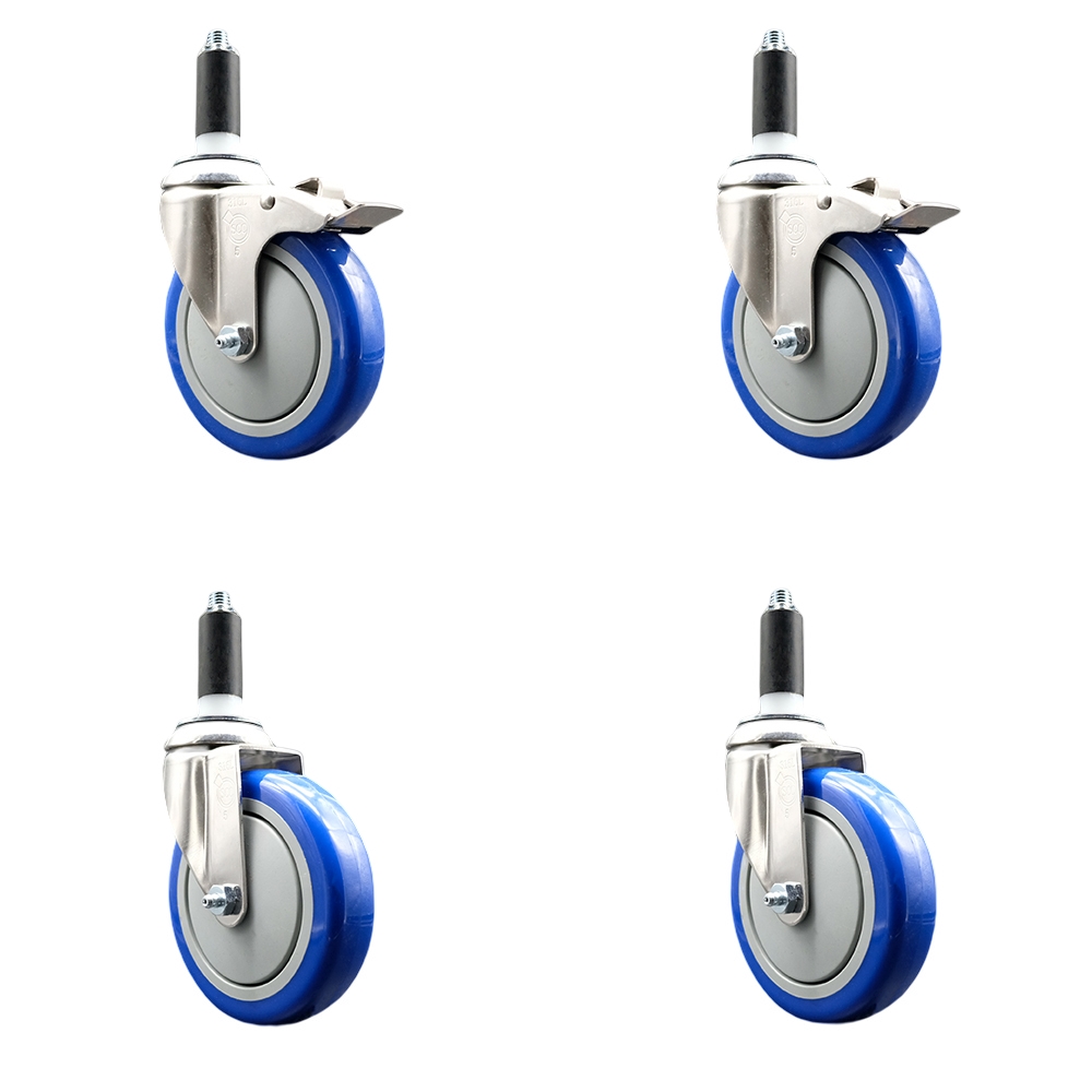 Polyurethane Swivel Stem Caster Set of 4 with 5 Inch Blue Caster Wheels - 1-1/8" Expanding Stem -316 Stainless Steel Casters-Includes 2 Swivel with Total Lock Brakes and 2 Swivel-Service Caster Brand — photo 1
