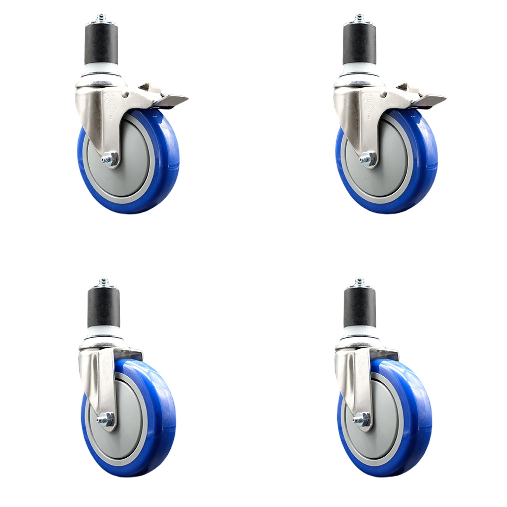 Polyurethane Swivel Stem Caster Set of 4 with 5 Inch Blue Caster Wheels - 1-3/4" Expanding Stem -316 Stainless Steel Casters-Includes 2 Swivel with Total Lock Brakes and 2 Swivel-Service Caster Brand — photo 1
