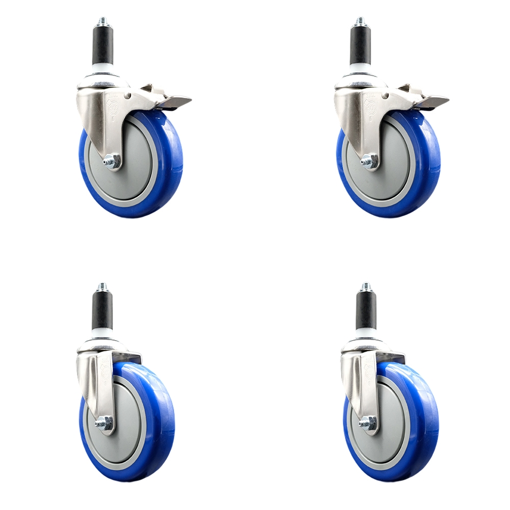 Polyurethane Swivel Stem Caster Set of 4 with 5 Inch Blue Caster Wheels - 1-3/8" Expanding Stem -316 Stainless Steel Casters-Includes 2 Swivel with Total Lock Brakes and 2 Swivel-Service Caster Brand — photo 1