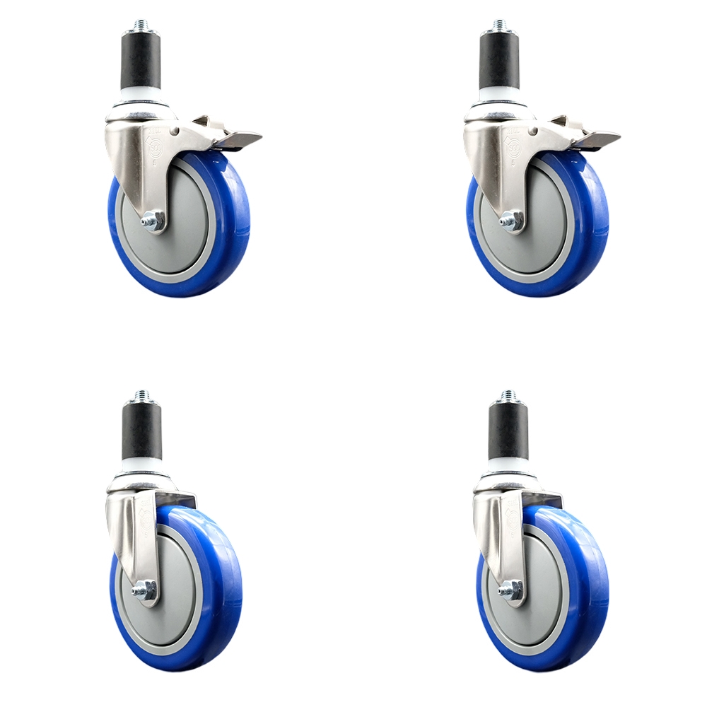Polyurethane Swivel Stem Caster Set of 4 with 5 Inch Blue Caster Wheels - 1-5/8" Expanding Stem -316 Stainless Steel Casters-Includes 2 Swivel with Total Lock Brakes and 2 Swivel-Service Caster Brand — photo 1
