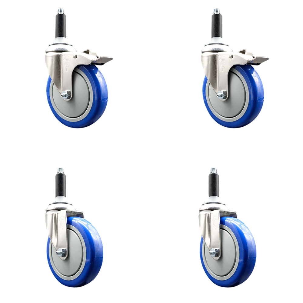 Polyurethane Swivel Stem Caster Set of 4 with 5 Inch Blue Caster Wheels - 3/4" Expanding Stem -316 Stainless Steel Casters - Includes 2 Swivel with Total Lock Brakes and 2 Swivel-Service Caster Brand — photo 1