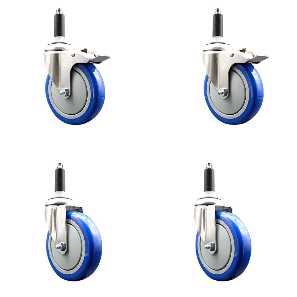 Polyurethane Swivel Stem Caster Set of 4 with 5 Inch Blue Caster Wheels - 7/8" Expanding Stem -316 Stainless Steel Casters - Includes 2 Swivel with Total Lock Brakes and 2 Swivel-Service Caster Brand — photo 1