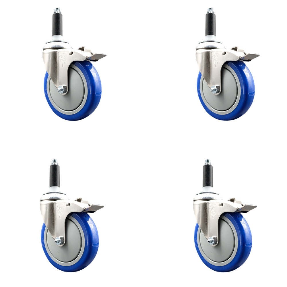 Polyurethane Swivel Stem Caster Set of 4 with 5 Inch Blue Caster Wheels - 7/8" Expanding Stems - 316 Stainless Steel Casters - Includes 4 Swivel Casters with Total Lock Brakes - Service Caster Brand — photo 1