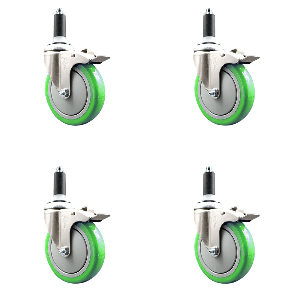Polyurethane Swivel Stem Caster Set of 4 with 5 Inch Green Caster Wheels - 1" Expanding Stems - 316 Stainless Steel Casters - Includes 4 Swivel Casters with Total Lock Brakes- Service Caster Brand — photo 1