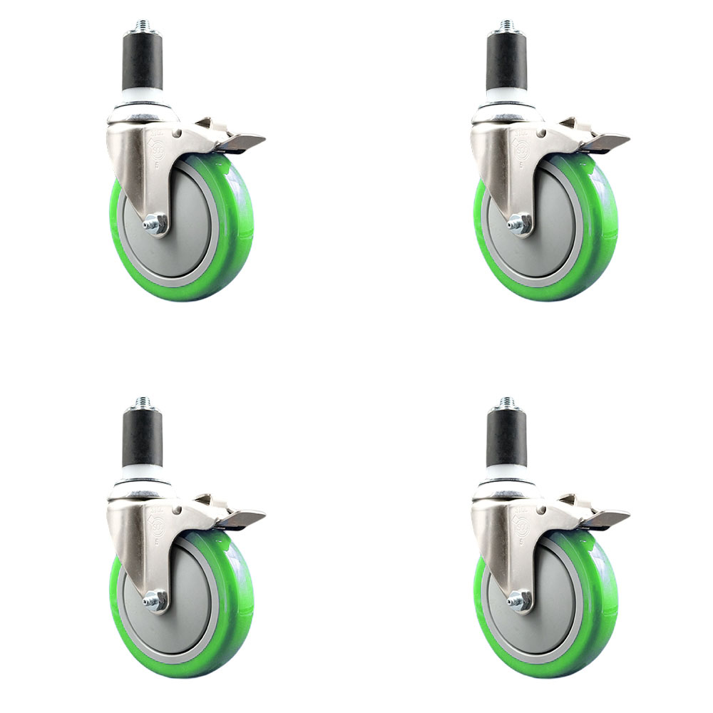 Polyurethane Swivel Stem Caster Set of 4 with 5 Inch Green Caster Wheels - 1-1/2" Expanding Stems - 316 Stainless Steel Casters - Includes 4 Swivel Casters with Total Lock Brakes- Service Caster Brand — photo 1