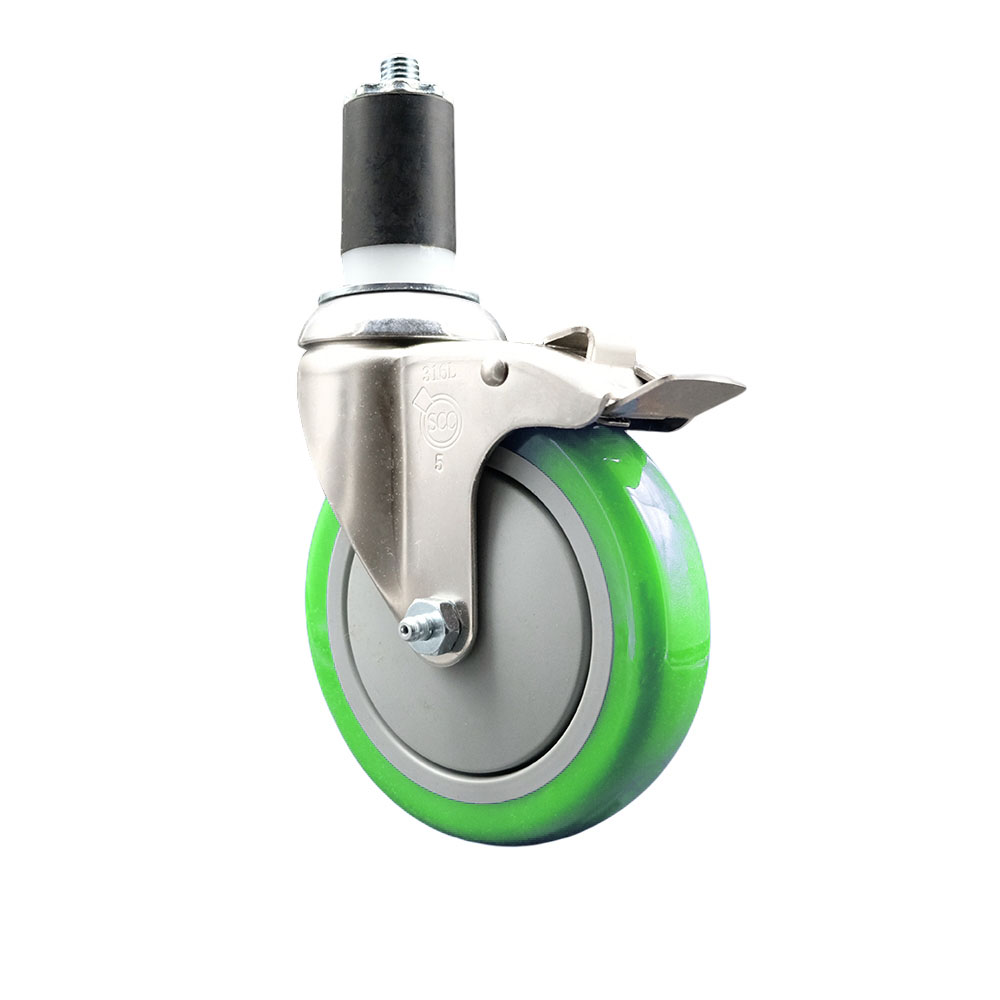 Polyurethane Swivel Stem Caster with 5 Inch Green Caster Wheel and Total Lock Brake - 1-1/2" Expanding Stem - 316 Stainless Steel Caster - 350 lbs. Capacity Per Caster - Service Caster Brand — photo 1