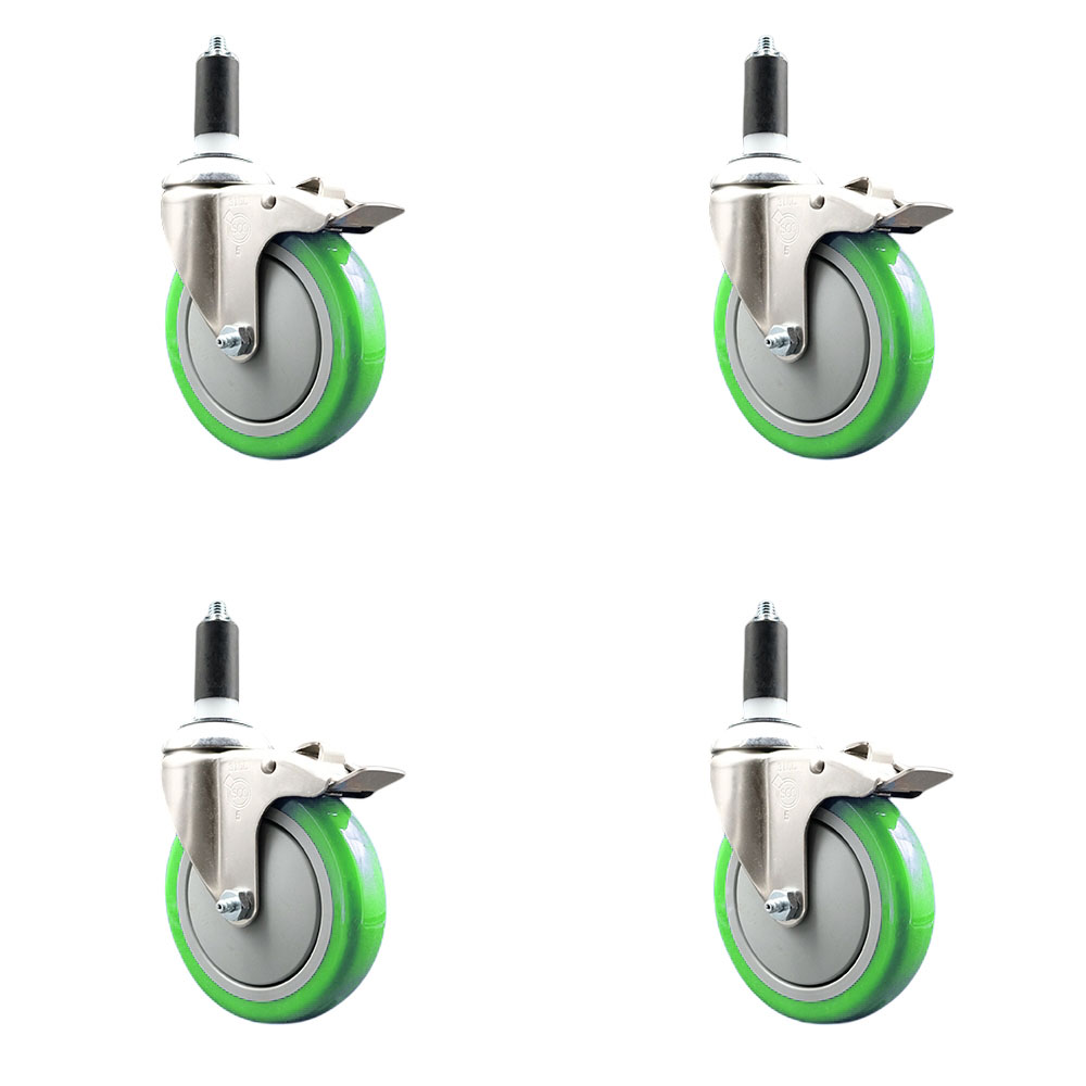 Polyurethane Swivel Stem Caster Set of 4 with 5 Inch Green Caster Wheels - 1-1/4" Expanding Stems - 316 Stainless Steel Casters - Includes 4 Swivel Casters with Total Lock Brakes- Service Caster Brand — photo 1