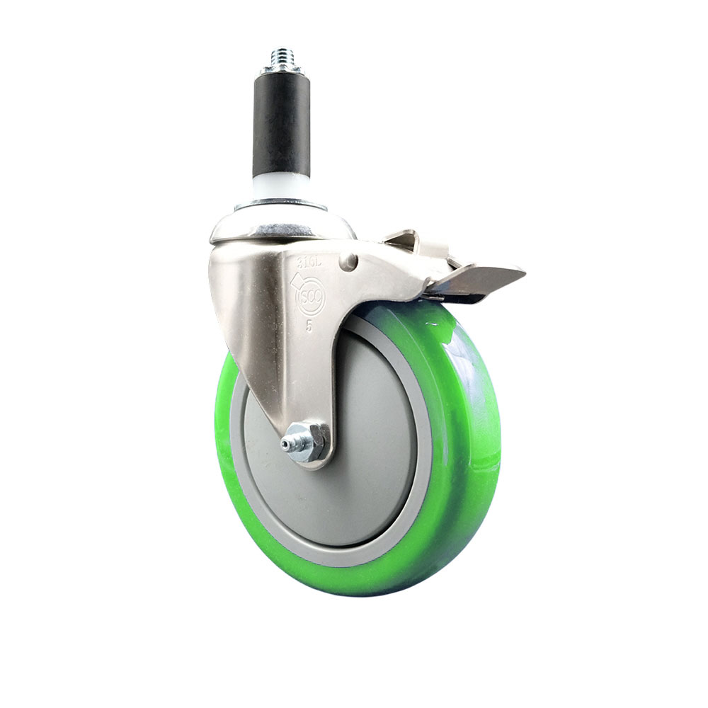 Polyurethane Swivel Stem Caster with 5 Inch Green Caster Wheel and Total Lock Brake - 1-1/4" Expanding Stem - 316 Stainless Steel Caster - 350 lbs. Capacity Per Caster - Service Caster Brand — photo 1