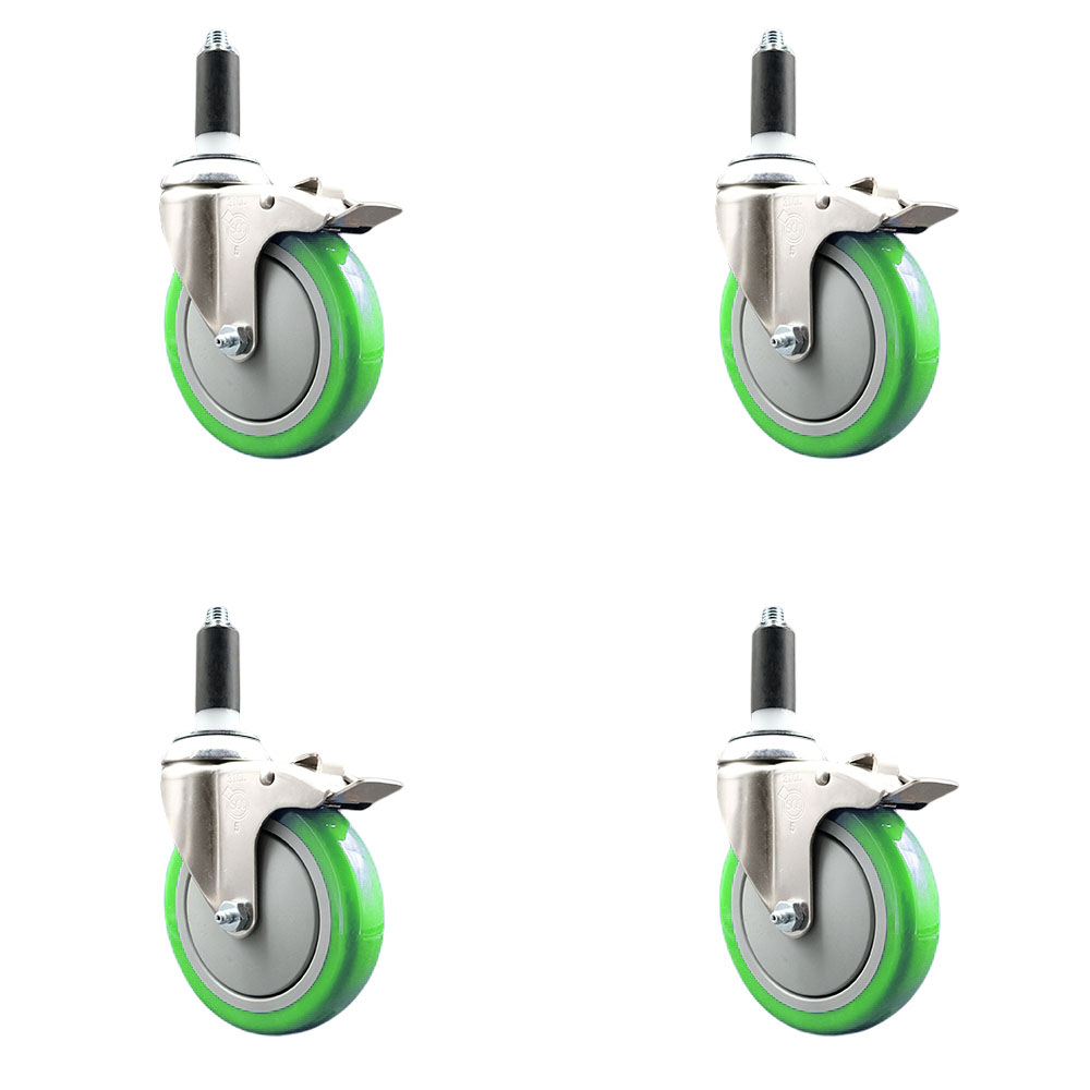 Polyurethane Swivel Stem Caster Set of 4 with 5 Inch Green Caster Wheels - 1-1/8" Expanding Stems - 316 Stainless Steel Casters - Includes 4 Swivel Casters with Total Lock Brakes- Service Caster Brand — photo 1