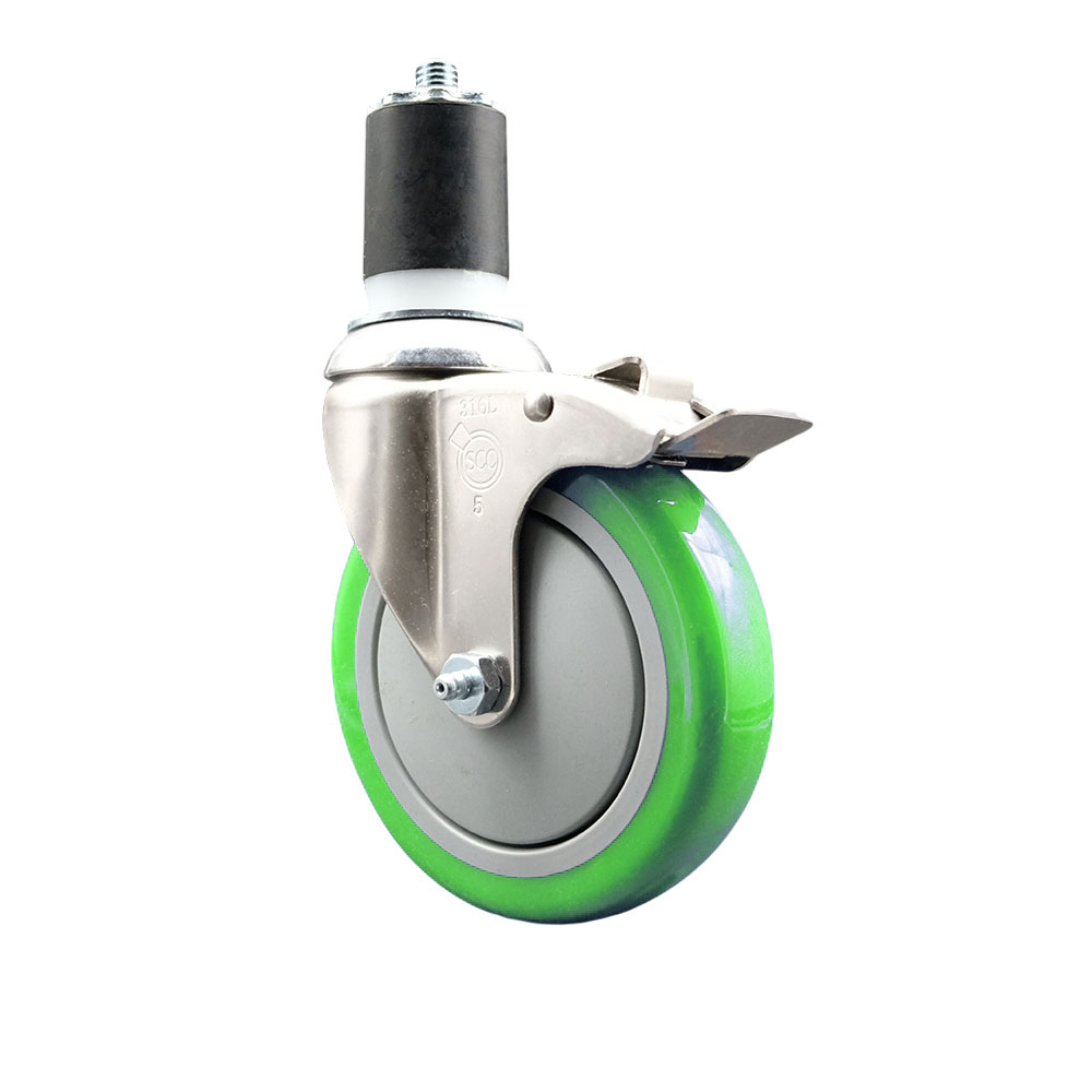 Polyurethane Swivel Stem Caster with 5 Inch Green Caster Wheel and Total Lock Brake - 1-3/4" Expanding Stem - 316 Stainless Steel Caster - 350 lbs. Capacity Per Caster - Service Caster Brand — photo 1