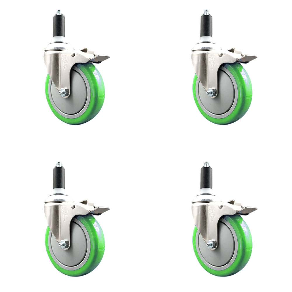 Polyurethane Swivel Stem Caster Set of 4 with 5 Inch Green Caster Wheels - 1-3/8" Expanding Stems - 316 Stainless Steel Casters - Includes 4 Swivel Casters with Total Lock Brakes- Service Caster Brand — photo 1