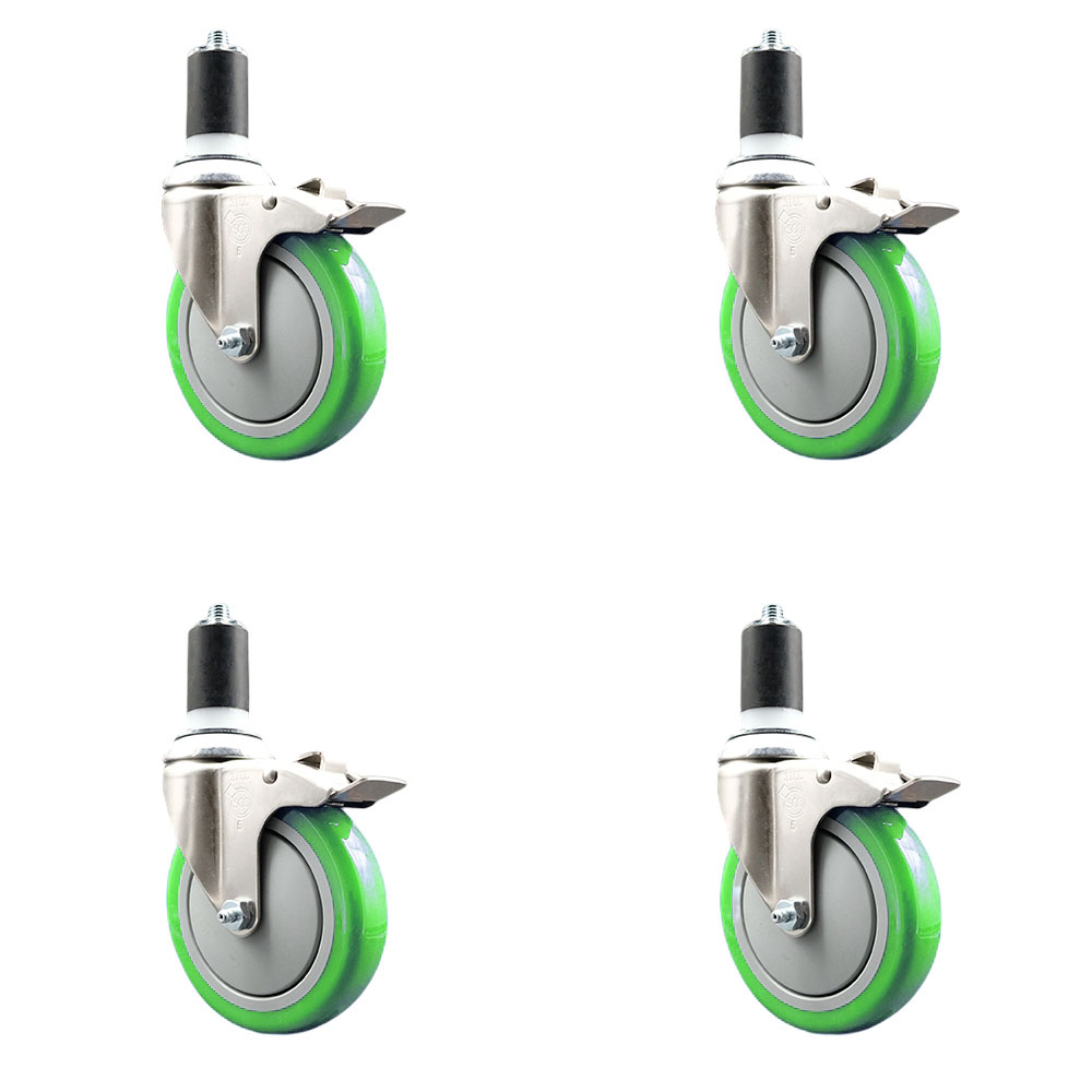Polyurethane Swivel Stem Caster Set of 4 with 5 Inch Green Caster Wheels - 1-5/8" Expanding Stems - 316 Stainless Steel Casters - Includes 4 Swivel Casters with Total Lock Brakes- Service Caster Brand — photo 1