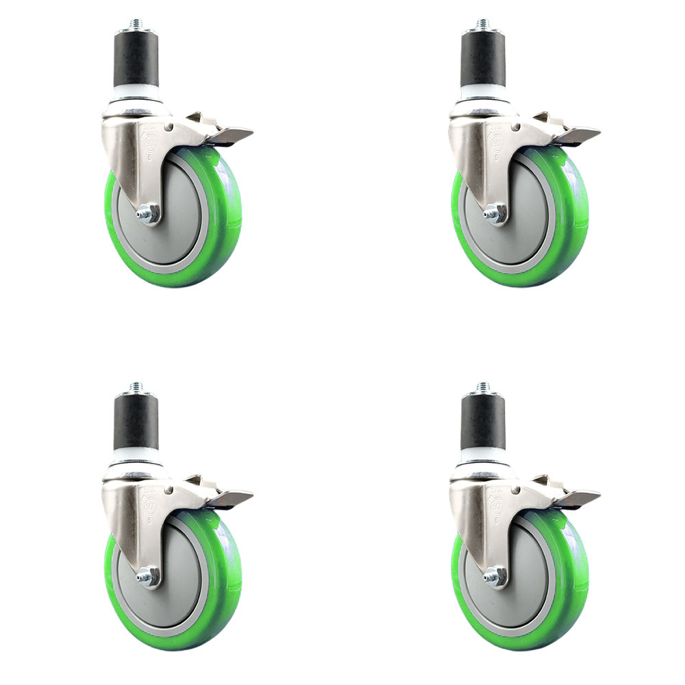 Polyurethane Swivel Stem Caster Set of 4 with 5 Inch Green Caster Wheels - 1-7/8" Expanding Stems - 316 Stainless Steel Casters - Includes 4 Swivel Casters with Total Lock Brakes- Service Caster Brand — photo 1