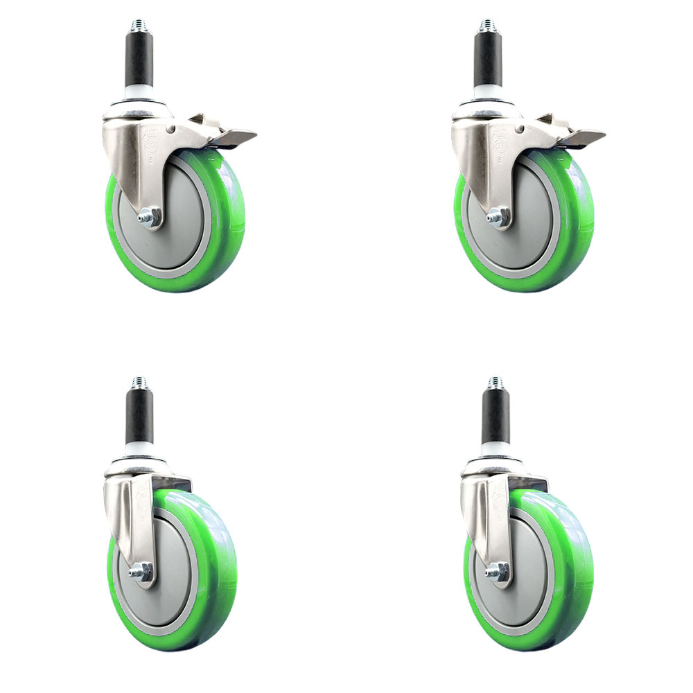 Polyurethane Swivel Stem Caster Set of 4 with 5 Inch Green Caster Wheels - 1" Expanding Stem -316 Stainless Steel Casters - Includes 2 Swivel with Total Lock Brakes and 2 Swivel - Service Caster Brand — photo 1