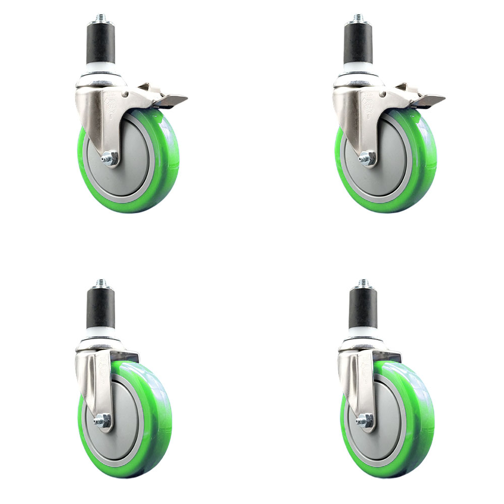 Polyurethane Swivel Stem Caster Set of 4 with 5 Inch Green Caster Wheels - 1-1/2" Expanding Stem -316 Stainless Steel Casters-Includes 2 Swivel with Total Lock Brakes and 2 Swivel-Service Caster Brand — photo 1