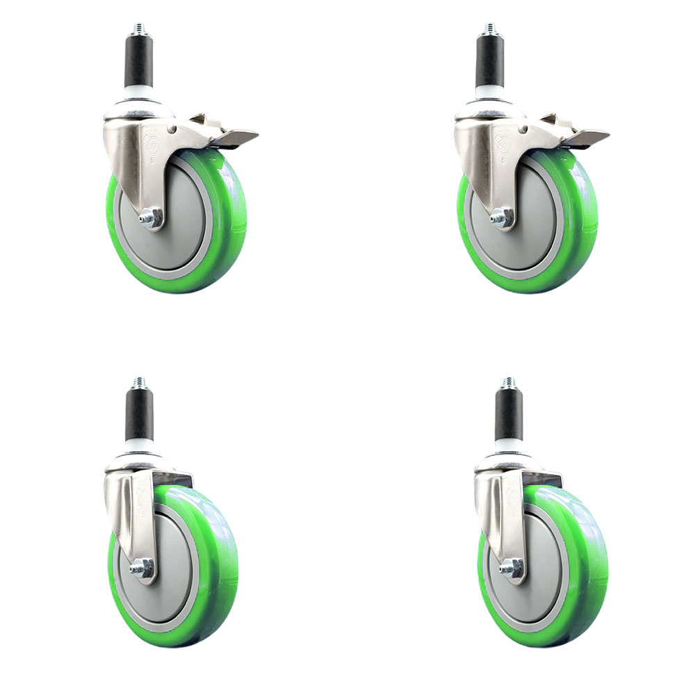 Polyurethane Swivel Stem Caster Set of 4 with 5 Inch Green Caster Wheels - 1-1/4" Expanding Stem -316 Stainless Steel Casters-Includes 2 Swivel with Total Lock Brakes and 2 Swivel-Service Caster Brand — photo 1
