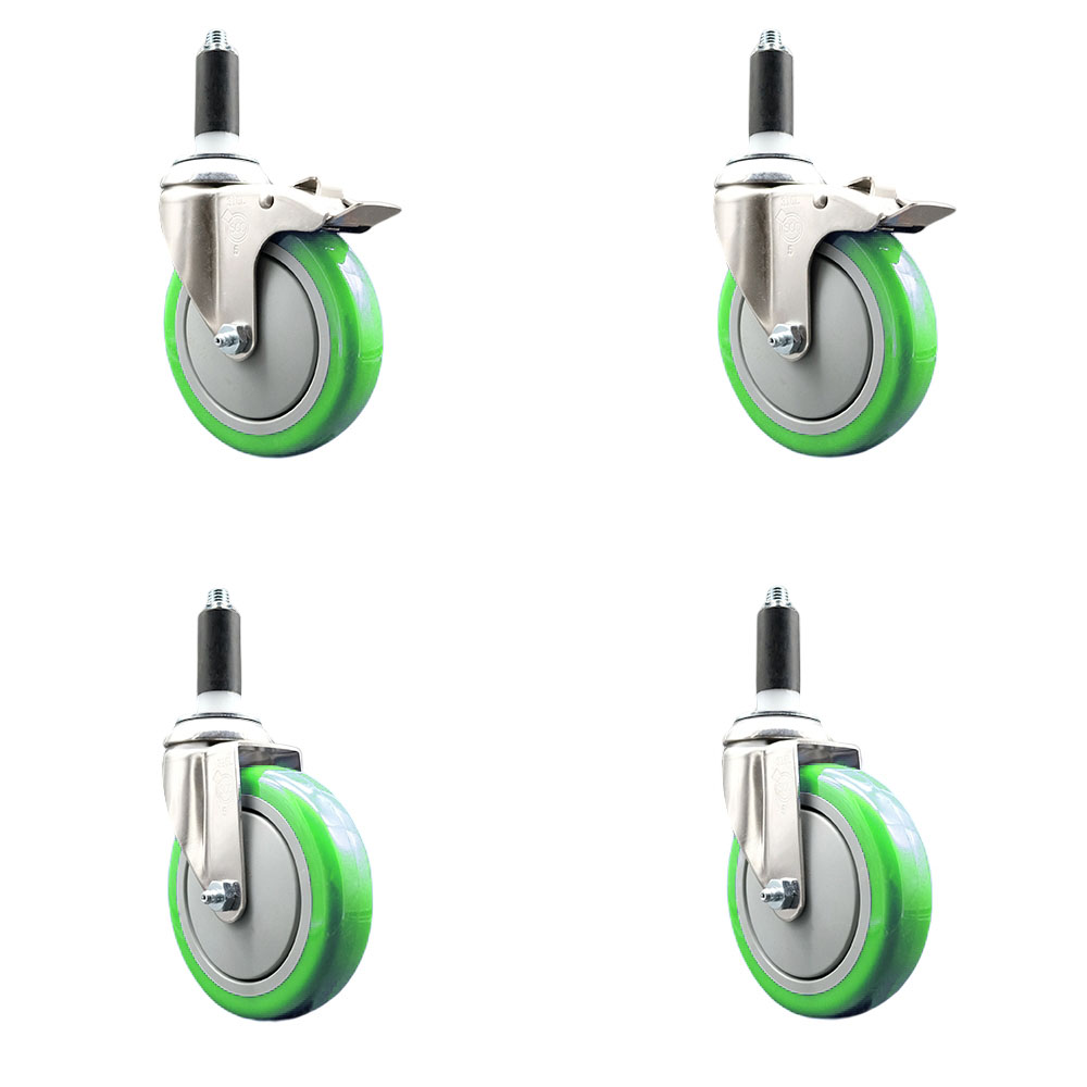 Polyurethane Swivel Stem Caster Set of 4 with 5 Inch Green Caster Wheels - 1-1/8" Expanding Stem -316 Stainless Steel Casters-Includes 2 Swivel with Total Lock Brakes and 2 Swivel-Service Caster Brand — photo 1