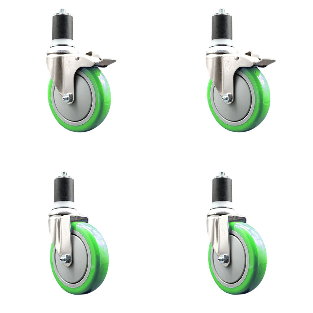 Polyurethane Swivel Stem Caster Set of 4 with 5 Inch Green Caster Wheels - 1-3/4" Expanding Stem -316 Stainless Steel Casters-Includes 2 Swivel with Total Lock Brakes and 2 Swivel-Service Caster Brand — photo 1