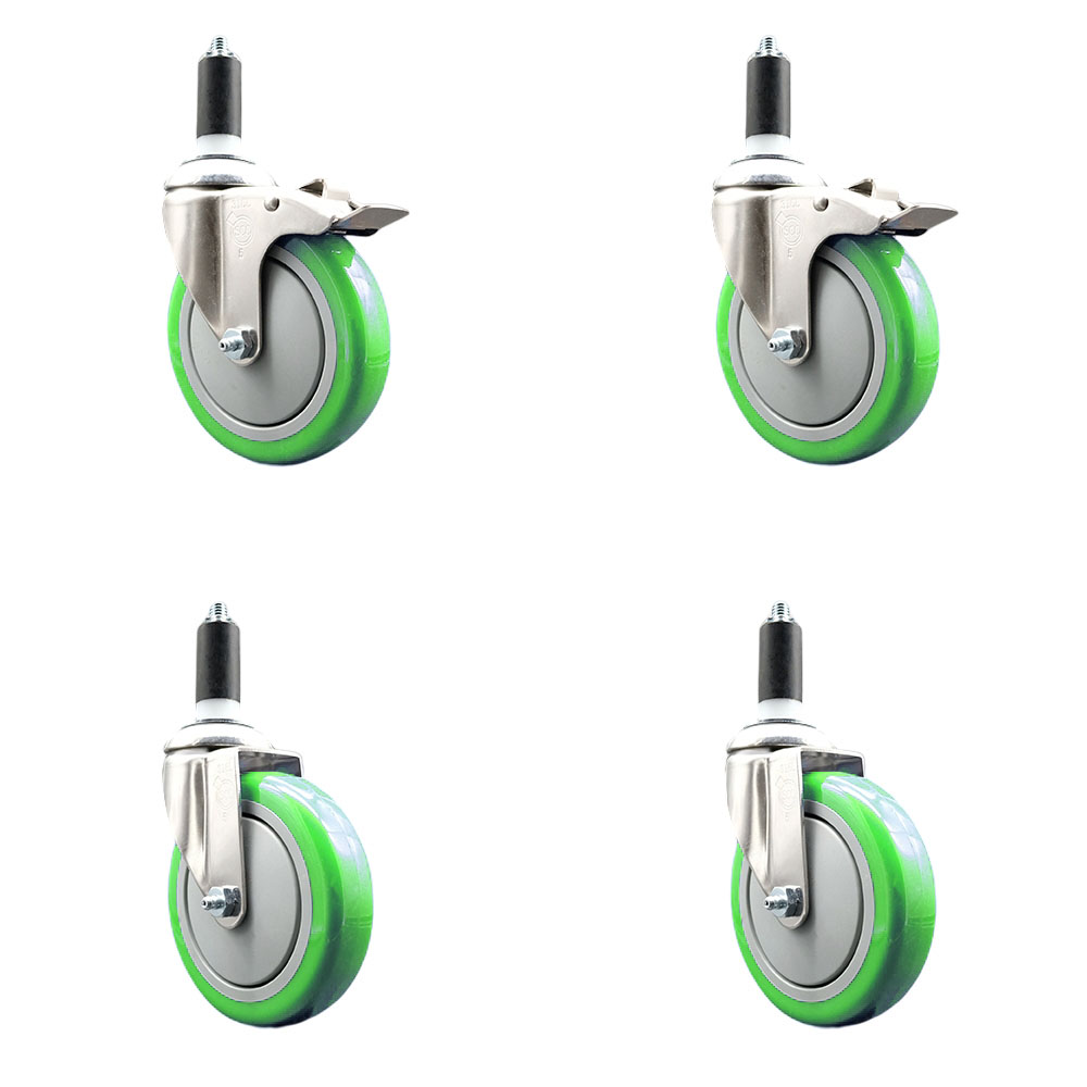 Polyurethane Swivel Stem Caster Set of 4 with 5 Inch Green Caster Wheels - 1-3/8" Expanding Stem -316 Stainless Steel Casters-Includes 2 Swivel with Total Lock Brakes and 2 Swivel-Service Caster Brand — photo 1