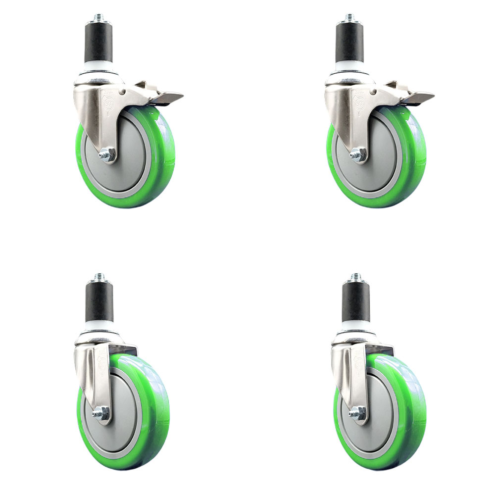 Polyurethane Swivel Stem Caster Set of 4 with 5 Inch Green Caster Wheels - 1-5/8" Expanding Stem -316 Stainless Steel Casters-Includes 2 Swivel with Total Lock Brakes and 2 Swivel-Service Caster Brand — photo 1