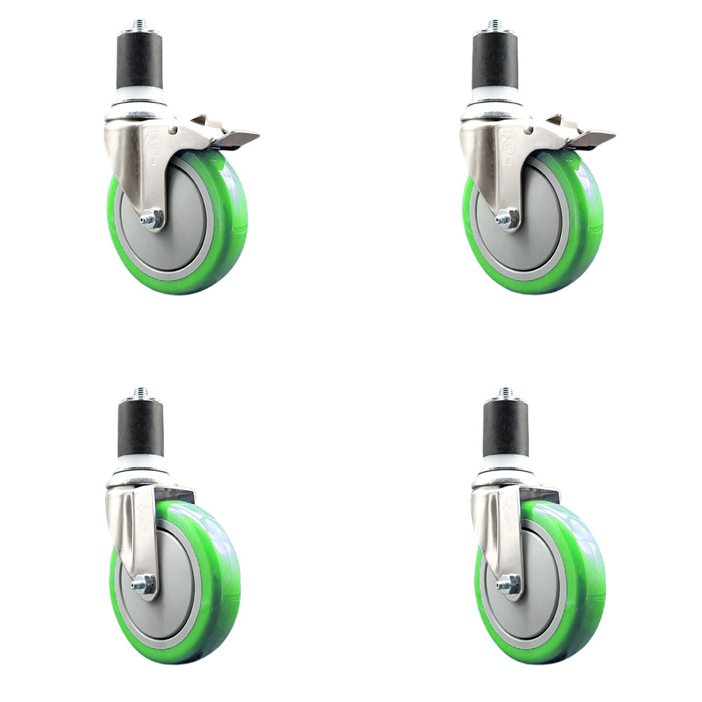 Polyurethane Swivel Stem Caster Set of 4 with 5 Inch Green Caster Wheels - 1-7/8" Expanding Stem -316 Stainless Steel Casters-Includes 2 Swivel with Total Lock Brakes and 2 Swivel-Service Caster Brand — photo 1