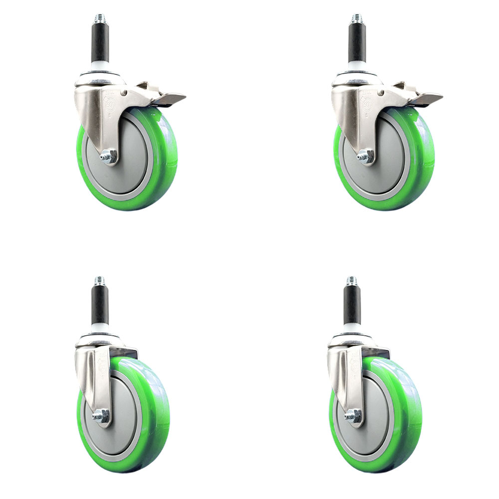 Polyurethane Swivel Stem Caster Set of 4 with 5 Inch Green Caster Wheels - 3/4" Expanding Stem -316 Stainless Steel Casters - Includes 2 Swivel with Total Lock Brakes and 2 Swivel-Service Caster Brand — photo 1