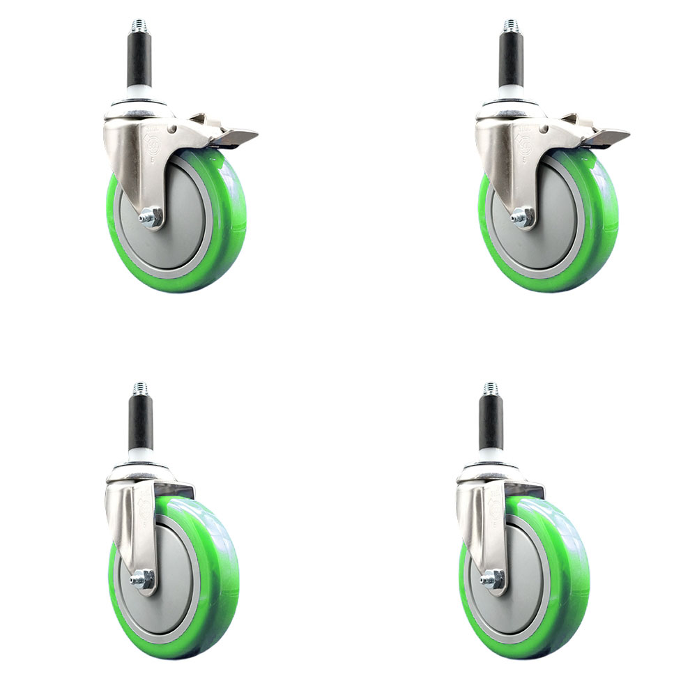 Polyurethane Swivel Stem Caster Set of 4 with 5 Inch Green Caster Wheels - 7/8" Expanding Stem -316 Stainless Steel Casters - Includes 2 Swivel with Total Lock Brakes and 2 Swivel-Service Caster Brand — photo 1