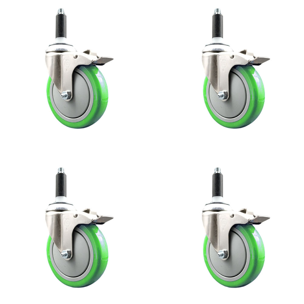 Polyurethane Swivel Stem Caster Set of 4 with 5 Inch Green Caster Wheels - 3/4" Expanding Stems - 316 Stainless Steel Casters - Includes 4 Swivel Casters with Total Lock Brakes - Service Caster Brand — photo 1